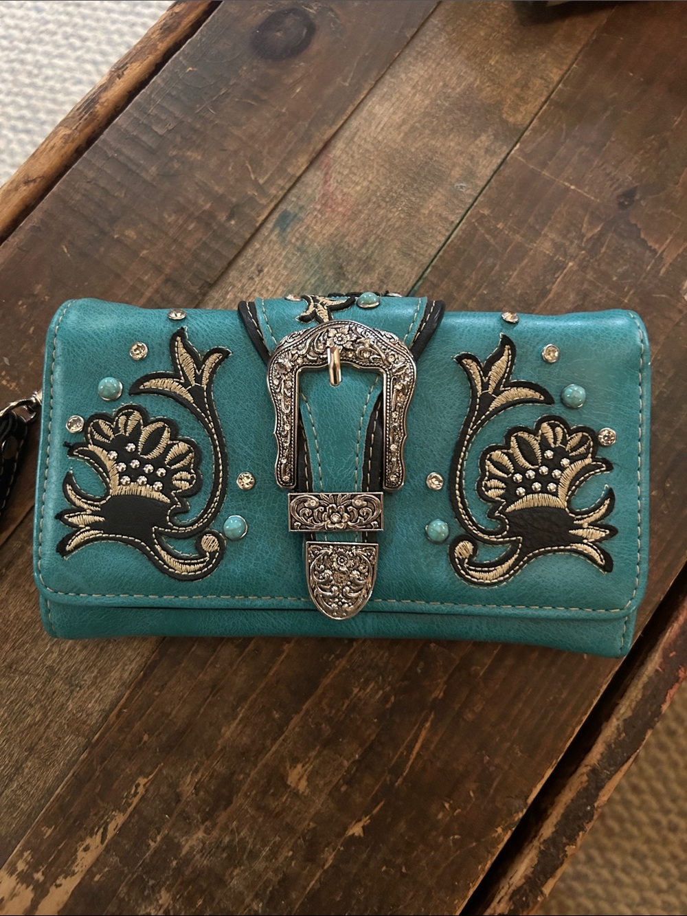 Embroidered Turquoise Western Buckle Wallet - Women Bags
